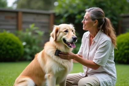 Femme caressant un grand chien à poil long dans un jardin