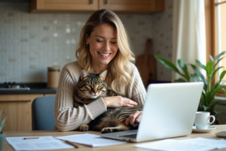 Femme souriante avec son chat sur un bureau lumineux