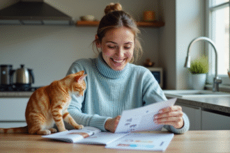 Femme souriante avec chat en regardant brochures d'assurance