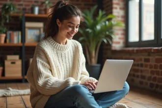 Jeune femme utilisant une plateforme de chat communautaire en ligne sur son ordinateur portable dans un salon cosy en 2026