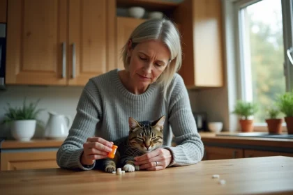 Femme tenant son chat tigré sur une table de cuisine en bois tout en examinant un flacon de médicaments pour animaux