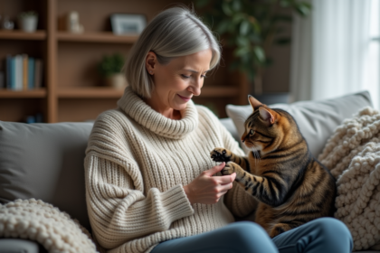 Femme examinant la patte de son chat calin dans un salon