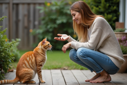 Femme appelant un chat orange dans un jardin