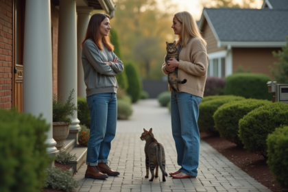 Femme avec chat devant une maison de banlieue