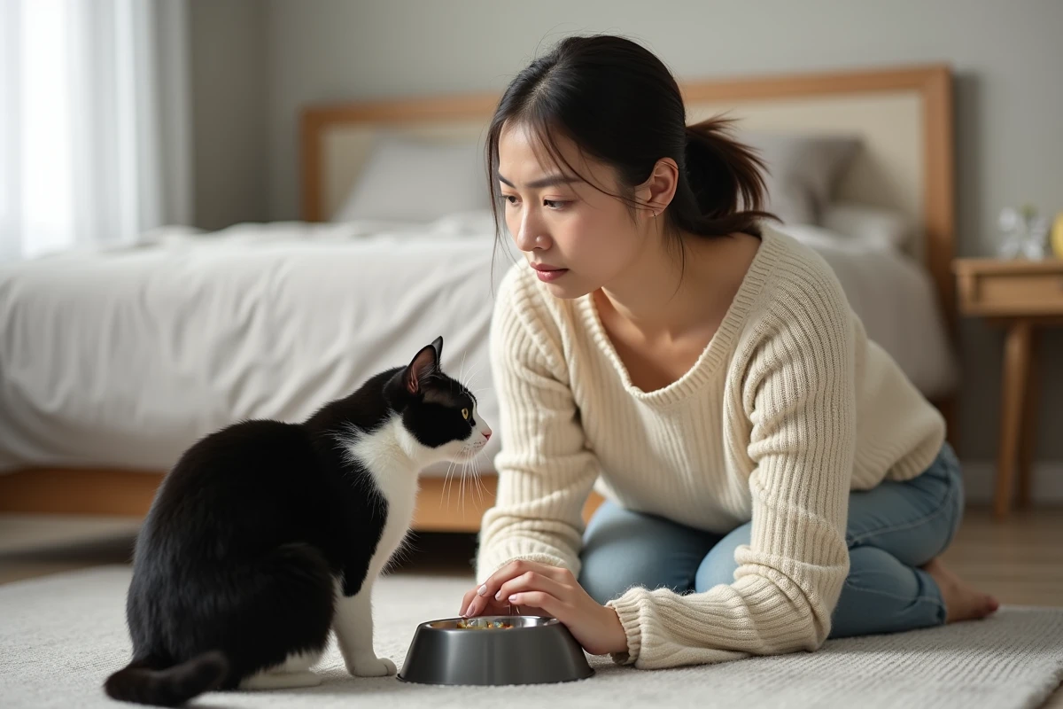Femme inquiète auprès de son chat noir et blanc vomissant de la mousse à côté d'une gamelle vide