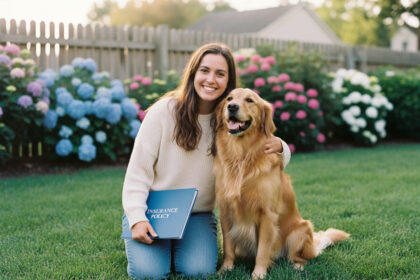 Femme souriante avec son chien golden retriever dans le jardin