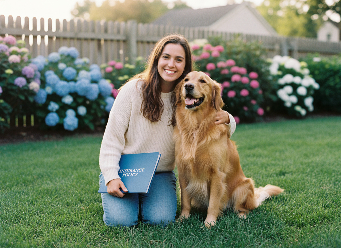 Femme souriante avec son chien golden retriever dans le jardin