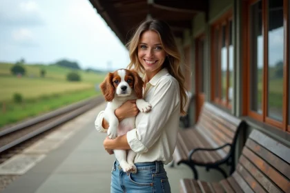 Femme souriante tenant un chiot cavalier king charles à la gare