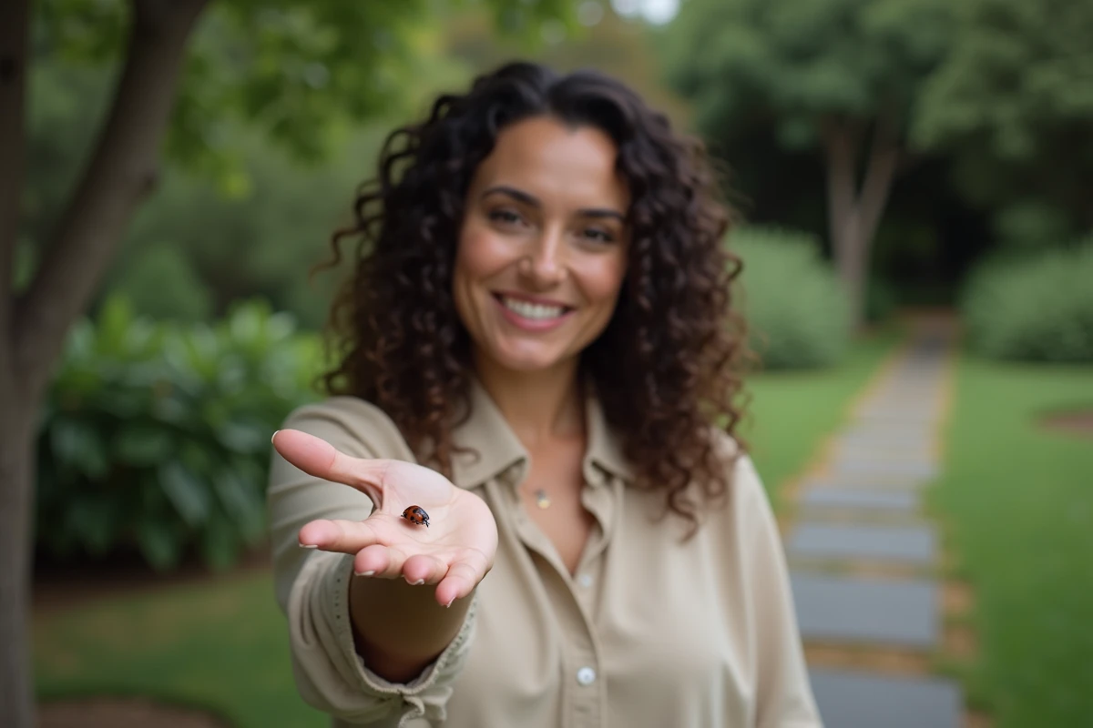Femme tenant une coccinelle noire sur son doigt dans un jardin, symbolisant la signification numérologique