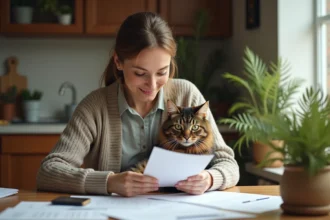 Femme avec chat et documents d'assurance à la maison