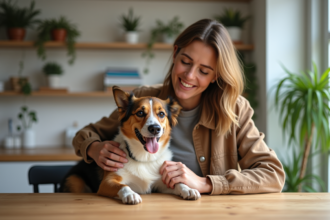 Femme assise avec son chien dans une cuisine chaleureuse
