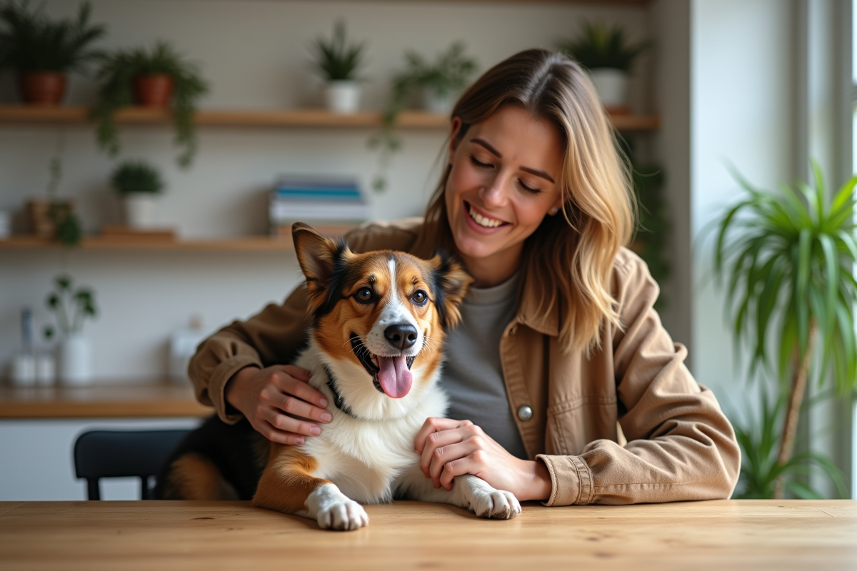 Femme assise avec son chien dans une cuisine chaleureuse