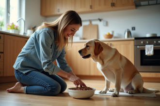 Femme donnant à manger à son labrador dans la cuisine