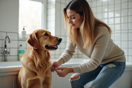 Femme rassurante avec un retriever dans une salle de bain lumineuse
