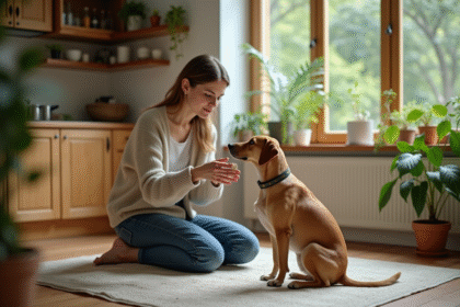 Femme à la maison saupoudrant des herbes sur son chien