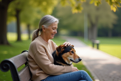 Femme assise avec son chien dans un parc calme