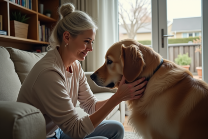 Femme caressant son chien golden retriever triste