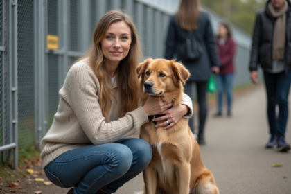 Femme avec son chien dans un refuge animalier