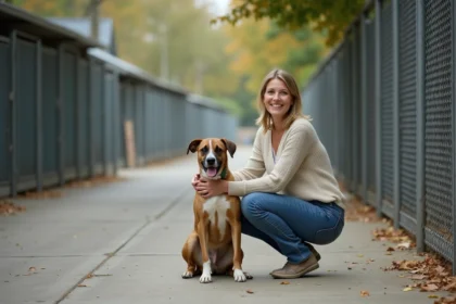 Femme souriante avec chien dans refuge animalier