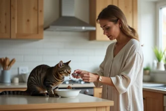 Femme versant de la nourriture pour chat dans un bol en porcelaine