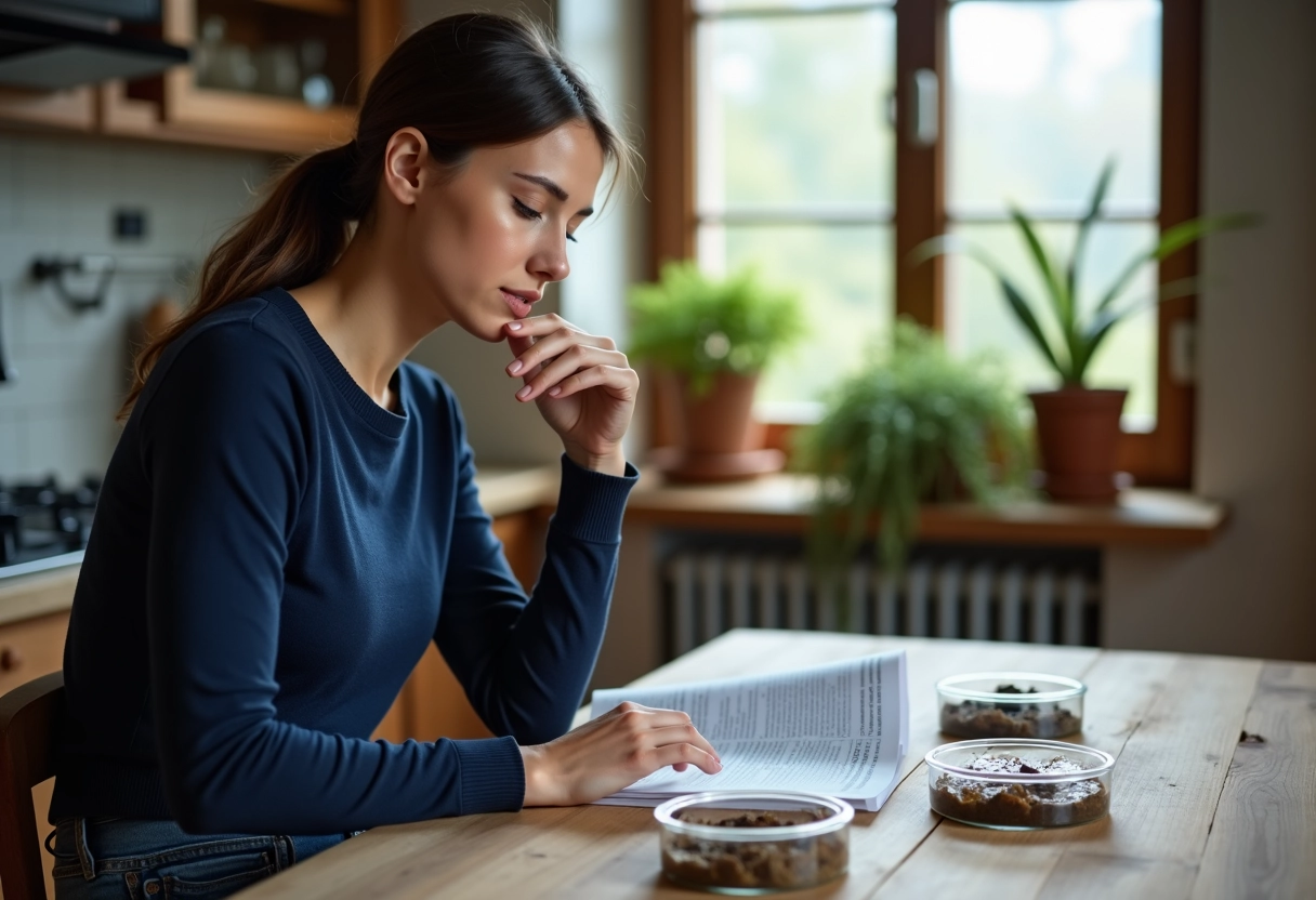 Femme étudiant des excréments dans une cuisine chaleureuse