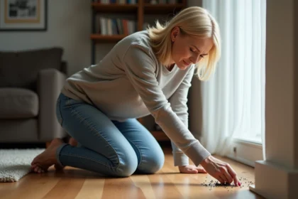 Femme d'âge moyen examinant de près des insectes dans le salon
