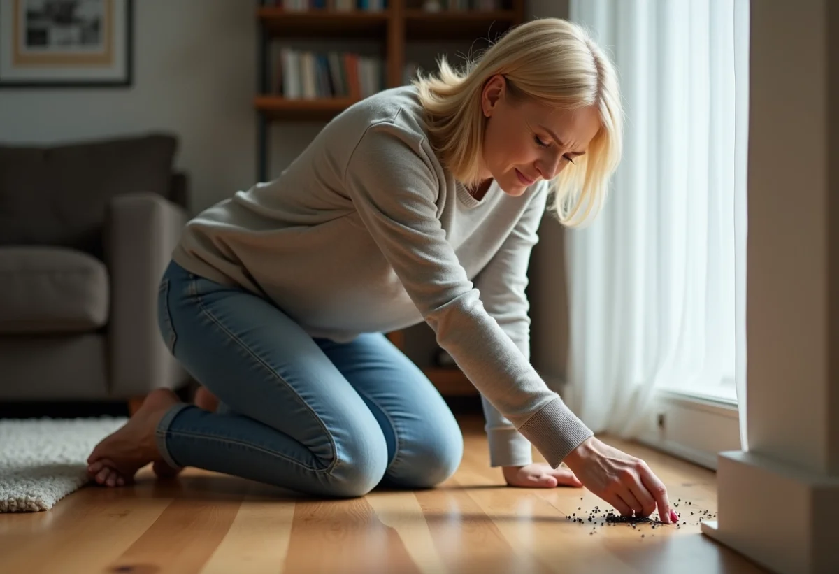 Femme d'âge moyen examinant de près des insectes dans le salon