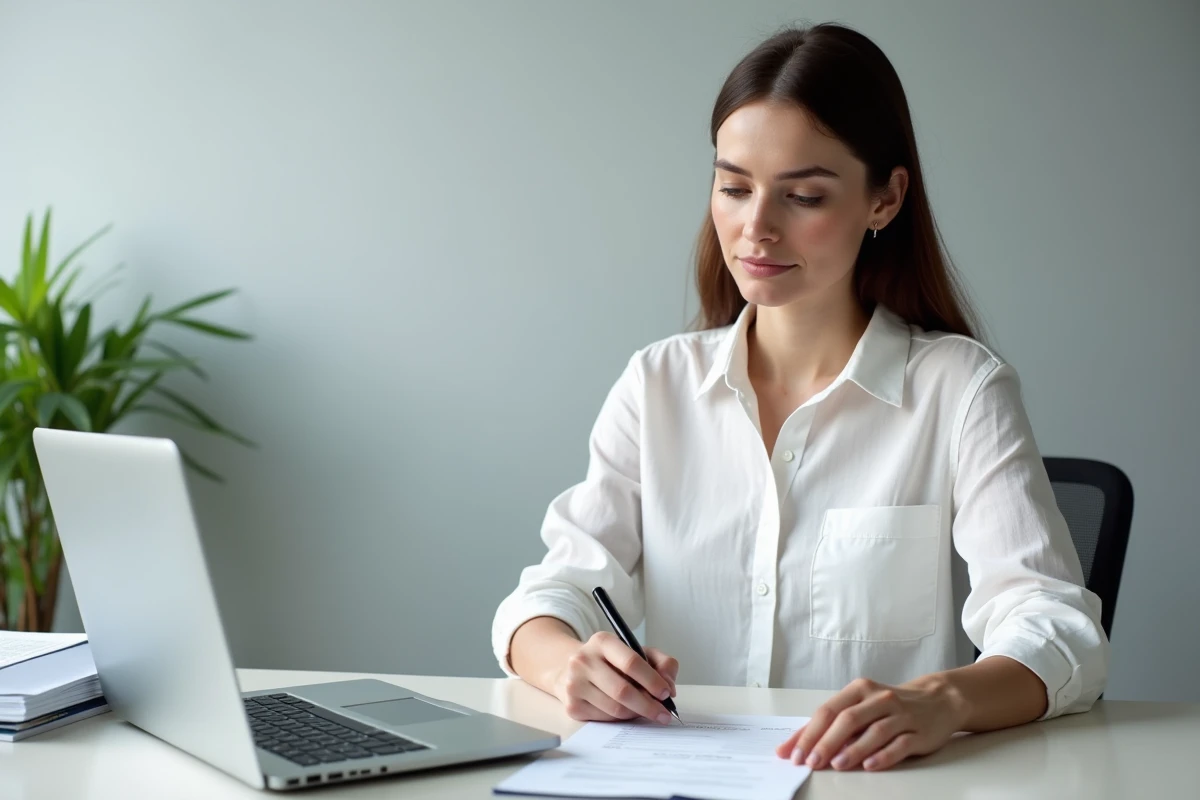 Femme remplissant un formulaire de remboursement d'assurance pour animaux avec ses justificatifs vétérinaires