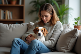 Femme garde animaux assise avec un chien inquiet dans un salon