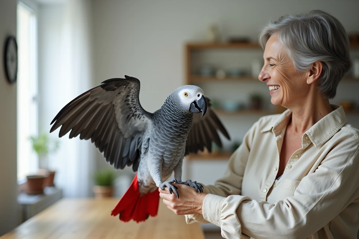 Femme tenant un perroquet gris du Gabon sur son bras dans un intérieur maison, l'oiseau déployant une aile et révélant les nuances de gris bleuté de son plumage