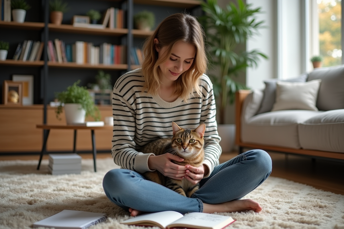 Jeune femme caressant un chat tabby dans un salon cosy