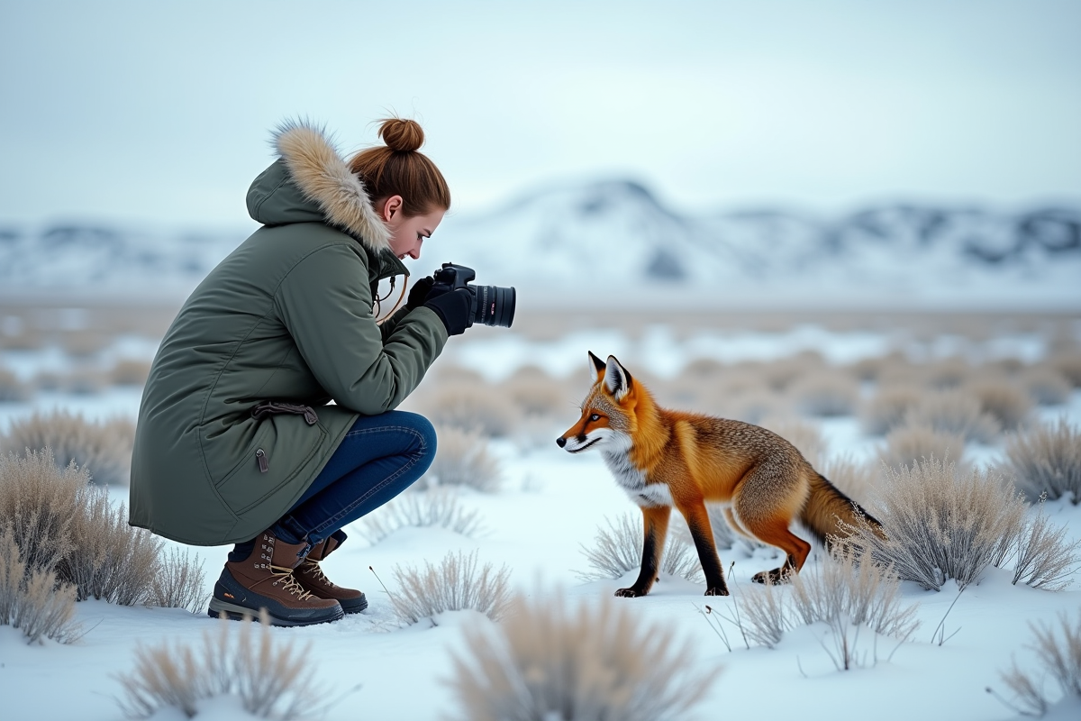 Jeune femme photographiant un renard arctique dans la tundra