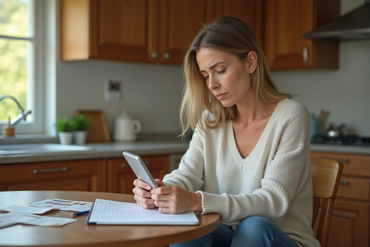 Femme inquiète en cuisine envisageant un rapport