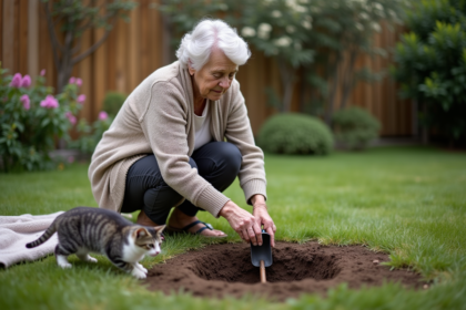Femme âgée dans un jardin creusant un trou avec une petite pelle