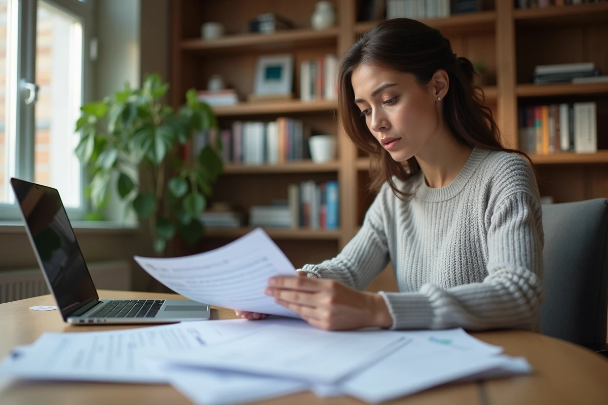Femme consultant des justificatifs vétérinaires pour un remboursement d'assurance animale à son bureau