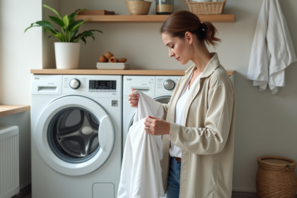 Femme d'âge moyen retire des draps blancs du lave-linge dans une buanderie moderne