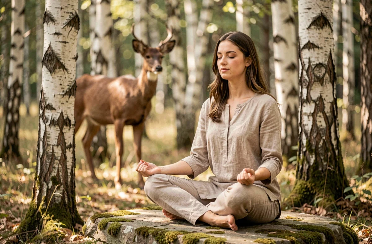 Femme en méditation dans une clairière avec un cerf sauvage en arrière-plan, évoquant la connexion spirituelle avec l'animal totem