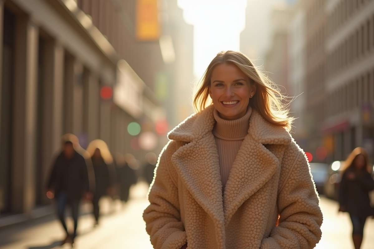 Femme élégante marchant en ville en hiver avec manteau teddy