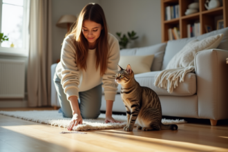 Femme nettoyant un parquet avec un chat à côté dans un appartement lumineux