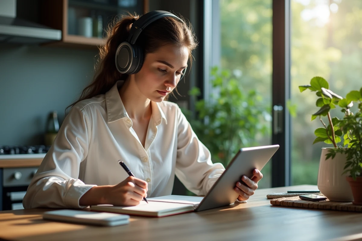 Femme prenant des notes en regardant sa tablette Dofus 3