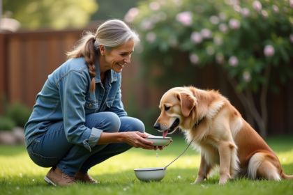 Femme offrant de l'eau à un chien dans le jardin