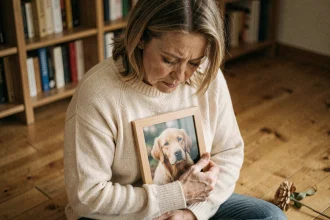Femme tenant avec émotion une photo encadrée de son chien décédé, assise sur un parquet en bois dans un intérieur chaleureux et intime