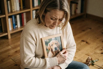 Femme tenant avec émotion une photo encadrée de son chien décédé, assise sur un parquet en bois dans un intérieur chaleureux et intime