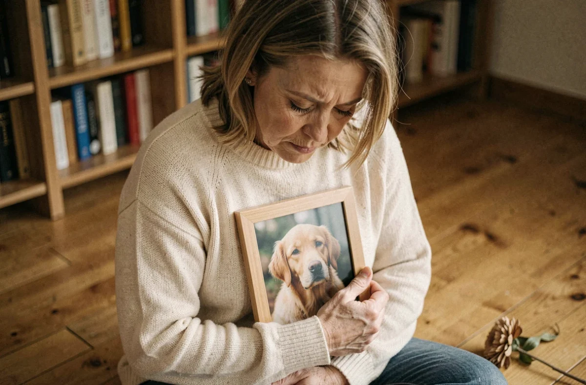 Femme tenant avec émotion une photo encadrée de son chien décédé, assise sur un parquet en bois dans un intérieur chaleureux et intime