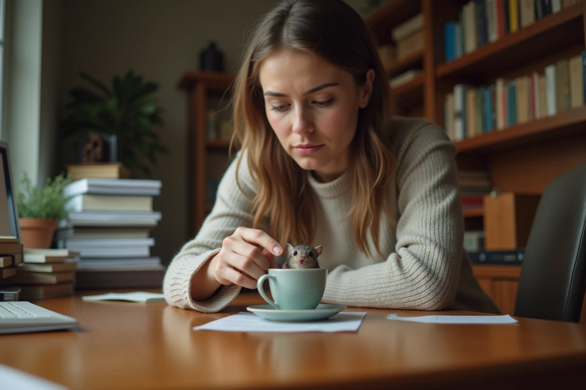 Femme dans un bureau couvrant une musaraigne avec un verre
