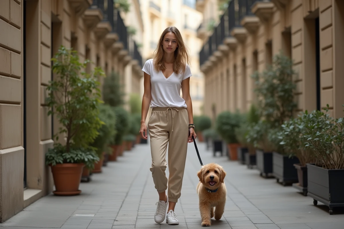 Femme promenant un golden retriever miniature en laisse dans une rue urbaine parisienne