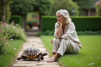 Femme méditative observant une tortue dans un jardin paisible