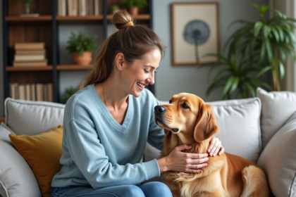 Femme caressant un retriever dans un salon chaleureux