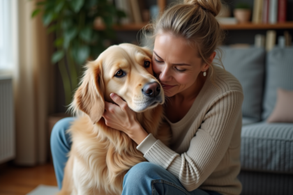 Femme et chien retriever dans un salon chaleureux