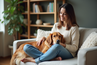 Femme assise avec son chien retriever dans un salon paisible